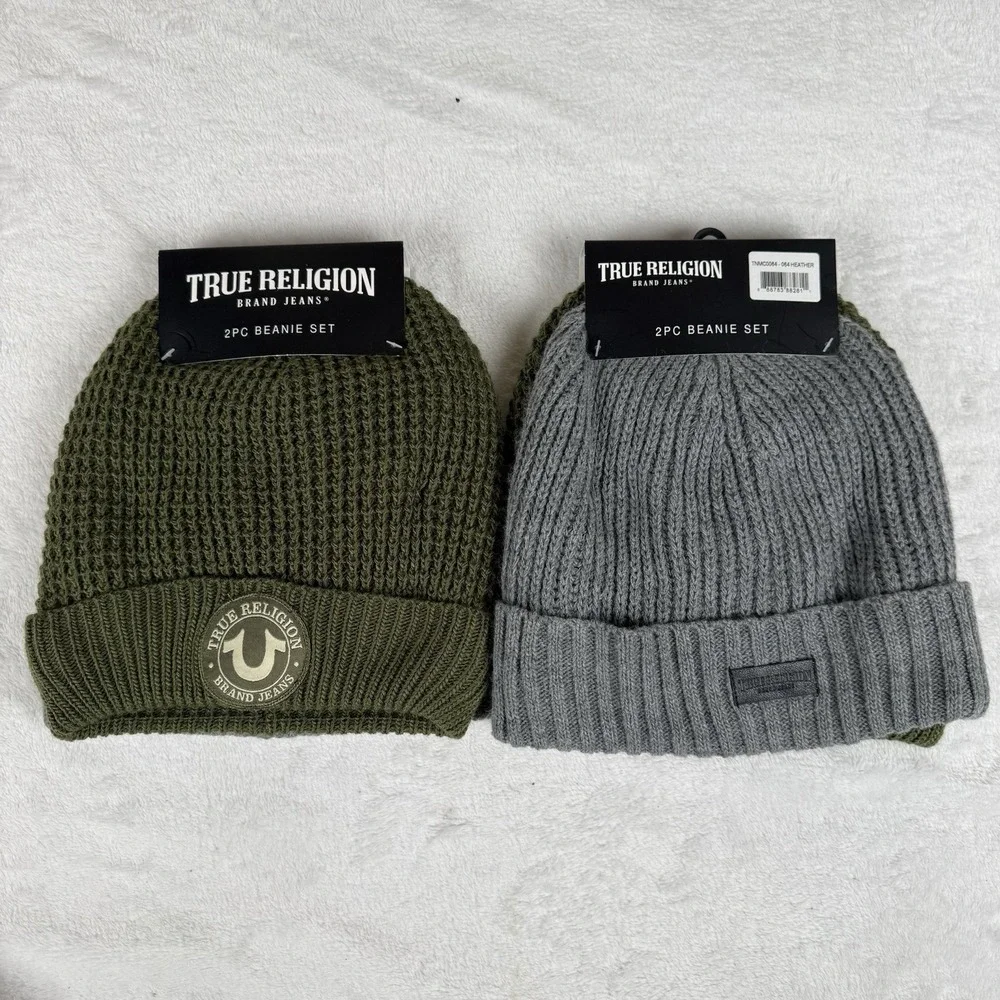 True Religion Olive Green and Gray 2-Pack Knit Beanie Set